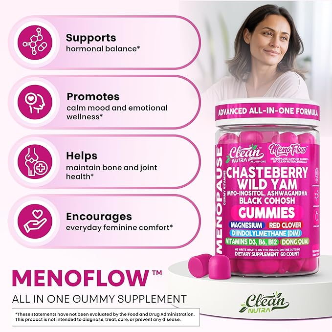 Clean Nutra Chasteberry Wild Yam Menopause Gummies Inositol Black Cohosh Magnesium Red Clover DIM Supplement B6 Magnesium Glycinate Glycine Vitex Hormone Balance for Women Gummy Vitamins 60 Count
