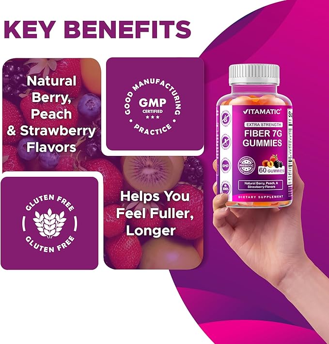 Vitamatic Prebiotic Fiber Gummies for Adults – 2 Pack (Total 120 Gummies) 7g Fiber per Serving | Extra Strength | Zero Sugar Added | Pectin-Based | Digestive Health & Regularity Support