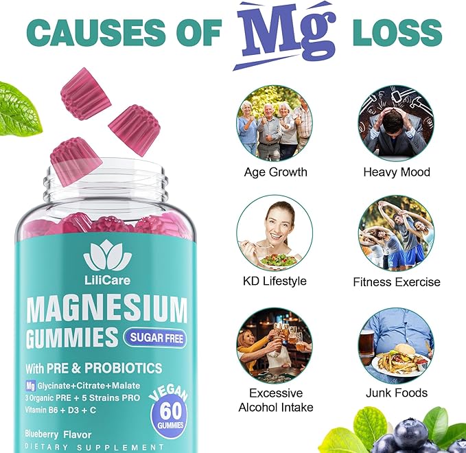 Triple Magnesium Complex Gummies 400mg with Prebiotics & Probiotics 5 Billion CFUs, Magnesium Glycinate, Supplement Gummies with Vitamin B6, D3 & C for Muscles & Mood - 60 Count (Pack of 1)