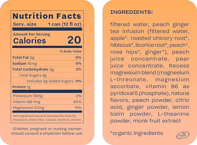Recess Mood Magnesium & Adaptogen Drink, Relaxation Beverage, 12 ounce (Peach Ginger, 12 pack)