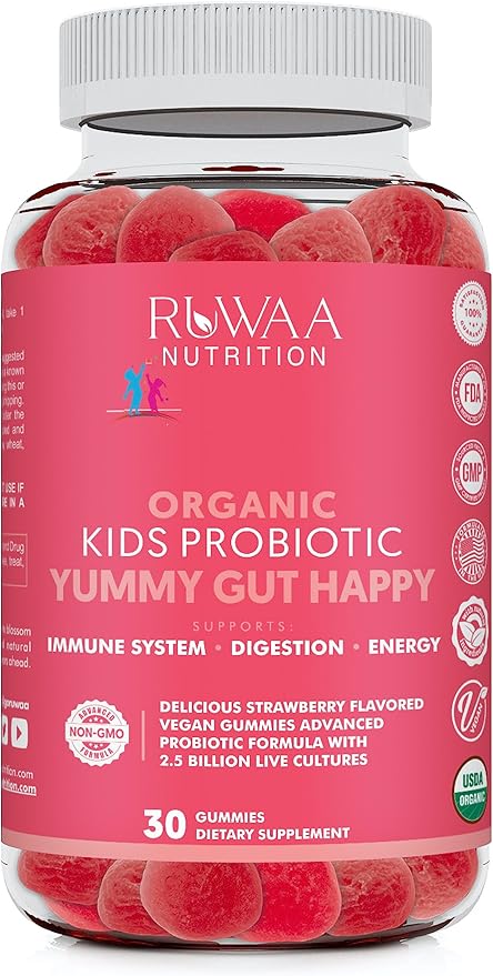 Kids Probiotic Gummies, Organic Probiotics Kids for Digestive Health, Immune Support, Constipation, Bloating. 2.5 Billion CFU, Strawberry Flavor, Chewable Probiotics for Children Ages 4+, 30ct (1)