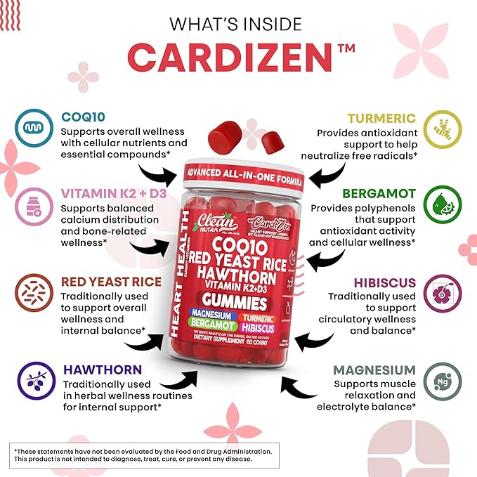 Clean Nutra CoQ10 Gummies Red Yeast Rice Hawthorn K2 Vitamin Supplement Magnesium Glycinate Turmeric Citrus Bergamot Hibiscus VIT D K Fenugreek Garlic Supplements Heart Support Gummy 60ct