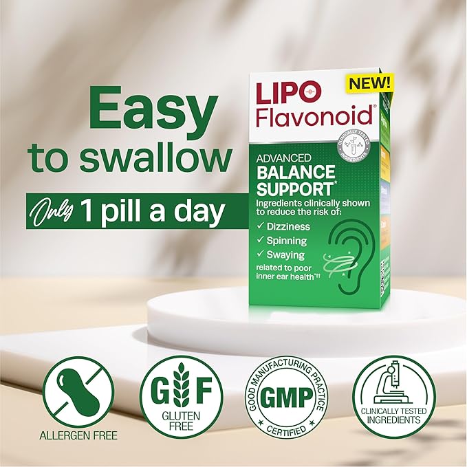 Lipo-Flavonoid Balance Support Supplement - Inner Ear Health & Vertigo Relief with Ginkgo Biloba, Bioflavonoids, & B Vitamins - Reduces Dizziness, Spinning, & Swaying - 30-Count