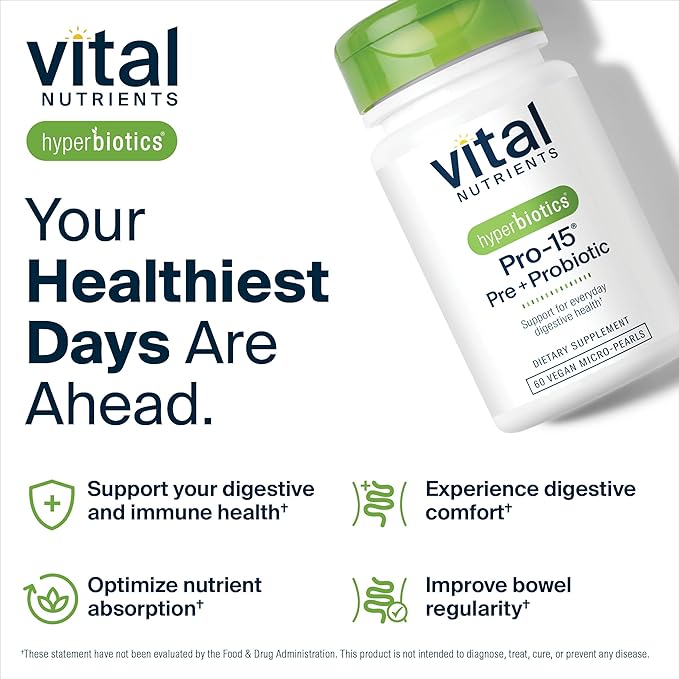 Hyperbiotics Vital Nutrients Pro-15 Prebiotics and Probiotics for Women and Men | 15 Science Backed Strains | Supports Occasional Constipation, Diarrhea, Gas & Bloating | 60 Vegan Time Release Pearls