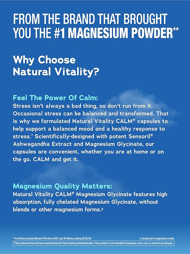 Natural Vitality Calm Ashwagandha + Magnesium Glycinate Capsules | Support for Occasional Stress & Anxiety | Gluten Free Supplement| 90 Count