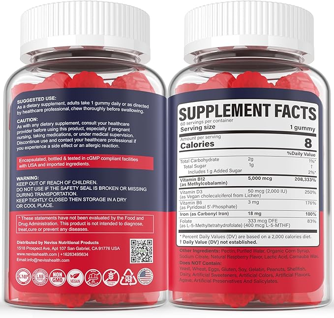 Methyl B12 Vitamins 5000 mcg Gummies + Iron 18 mg for Women Men - Active Methylcobalamin Methylated B12 Vitamin Supplement w/L-MethylFolate, B6 (P5P) & D3 for Energy & Focus Support, 120 Servings