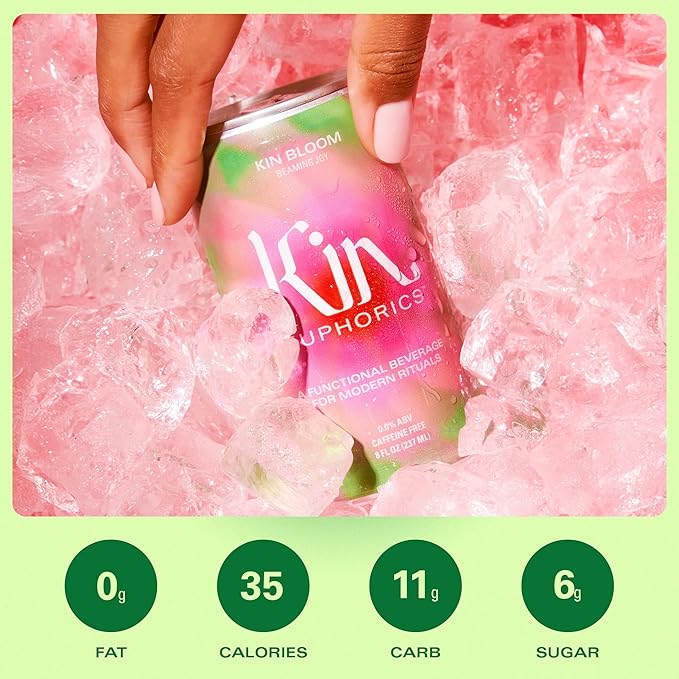 Kin Euphorics Kin Bloom Non-Alcoholic Functional Beverage | All day rosé | Elevate Your Mind & Spirit | Prebiotic | L-Theanine, Schisandra, Damiana | Ready to Drink | 8 Fl Oz (8pk)