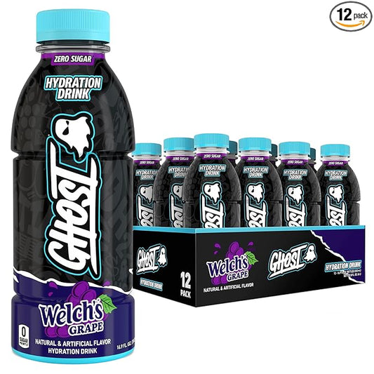 GHOST Hydration Drink, Welch’s Grape - RTD Sports Drink with Electrolytes, Natural Vitamins & Minerals - All Day Lifestyle Hydration Beverage - Zero Caffeine & Zero Sugars - 16.9 Fl Oz, 12 Pack