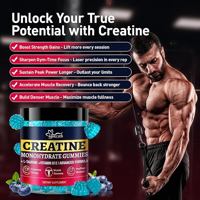 Creatine Gummies for Men & Women - Blueberry, 60 Chews | 5g Creatine per Serving | Delicious Sugar-Free Supplement for Muscle Support