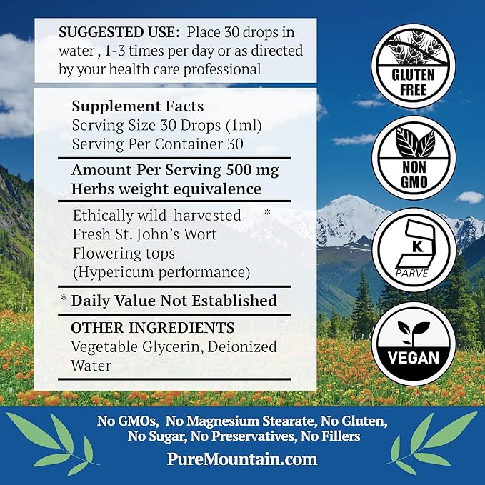 Pure Mountain Botanicals St Johns Wort Tincture – Kosher Liquid St. John’s Wort Alcohol-Free Extract 500mg Vegan Supplement