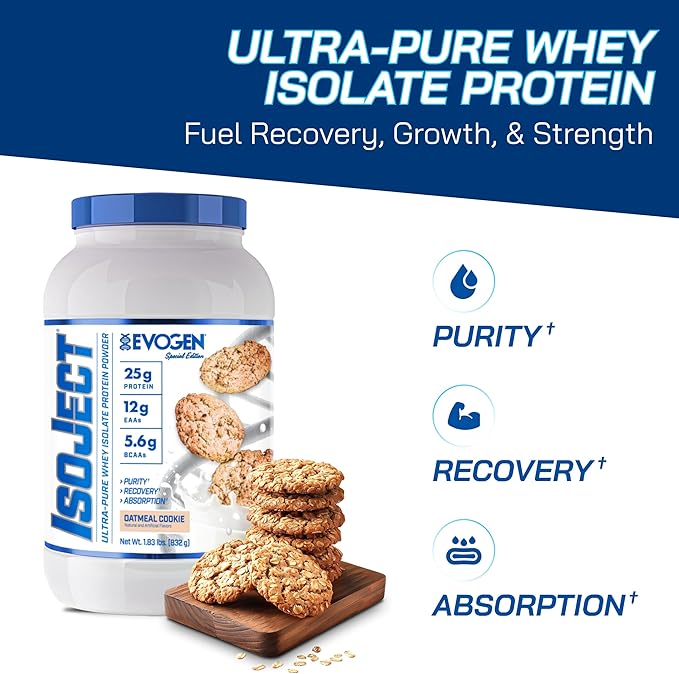 Evogen Isoject - Whey Protein Isolate | Ultra-Pure Whey Protein Powder with Ignitor Enzymes, BCAAs, and EAAs | Enhanced Absorption & Recovery | Oatmeal Cookie | 25 Servings