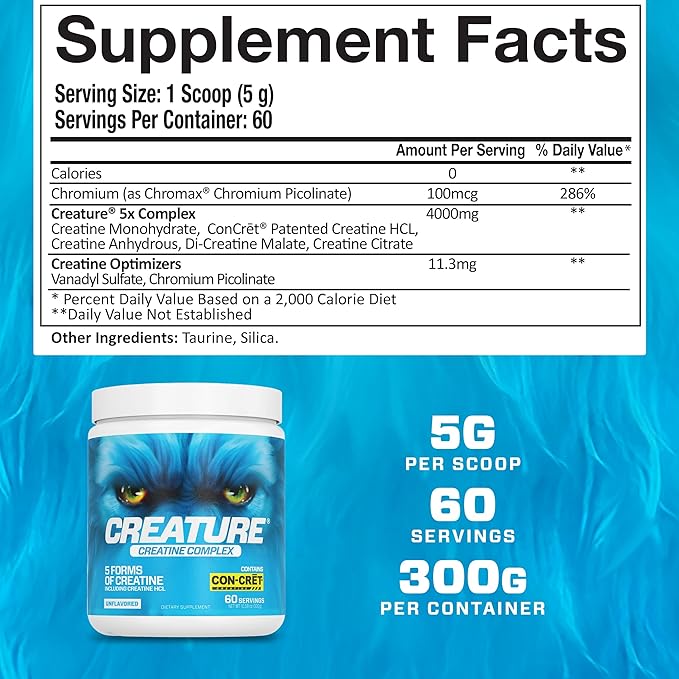 CREATURE® Creatine Complex - Creatine Monohydrate Powder with 5 Types of Creatine Including Con-Crēt® Creatine HCL, Promotes Muscle, Strength, Endurance, Brain Health, Unflavored, 300g 60 Servings