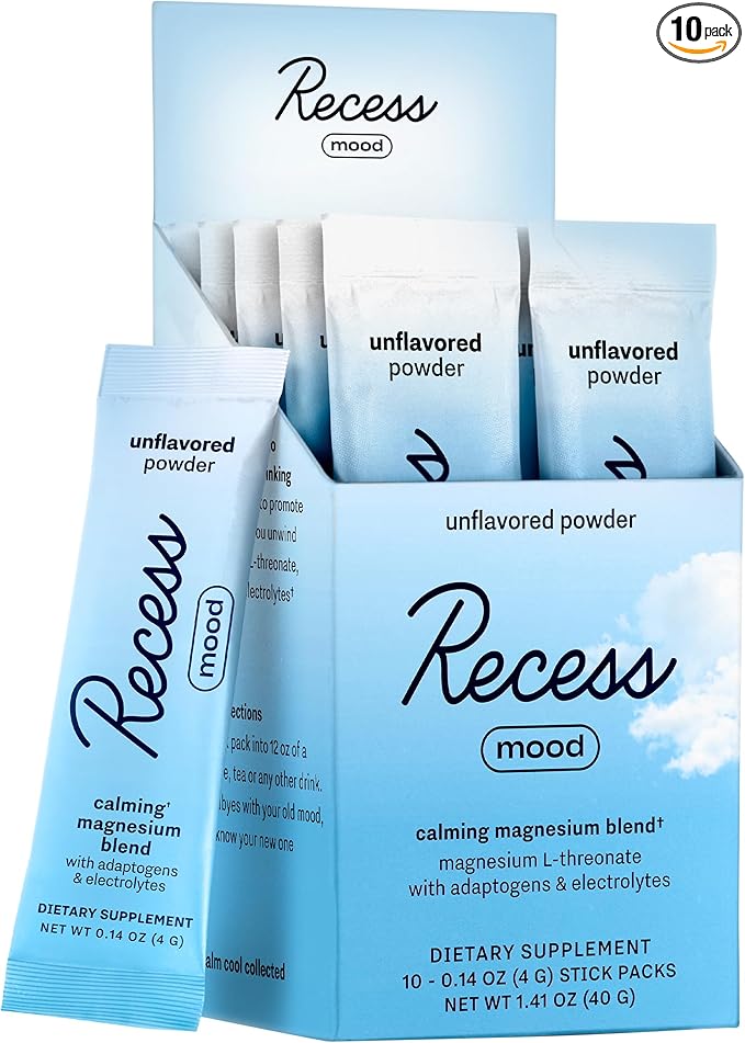Recess Mood Powder, Calming Magnesium L-Threonate Blend with Passion Flower, L-Theanine, Electrolytes, Magnesium Calm Support Powder Supplement - Unflavored-Pack of 10