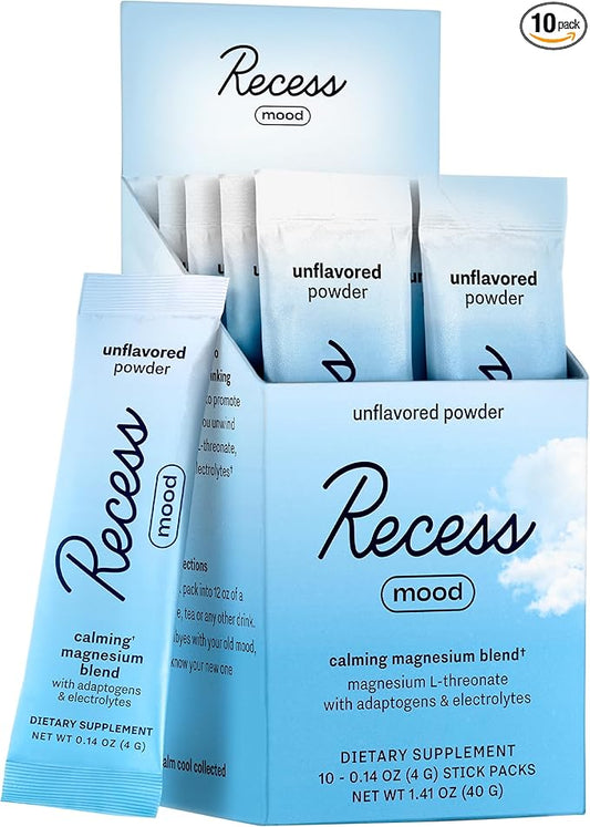 Recess Mood Powder, Calming Magnesium L-Threonate Blend with Passion Flower, L-Theanine, Electrolytes, Magnesium Calm Support Powder Supplement - Unflavored-Pack of 10