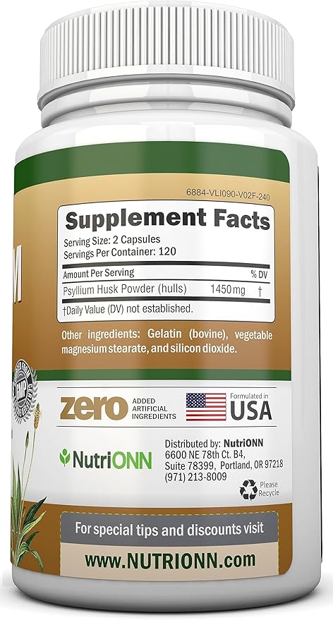 PSYLLIUM Husk Capsules - 1450mg Per Serving - 240 Capsules - Double Strength - Premium Psyllium Fiber Supplement - Great for Digestion and Regularity - 100% Natural Soluble Fiber