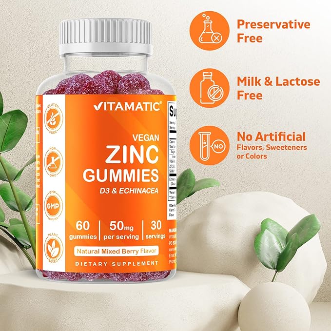 Vitamatic Zinc 50mg Gummies – 60 Vegan Gummies – Gluten-Free – 2 Pack