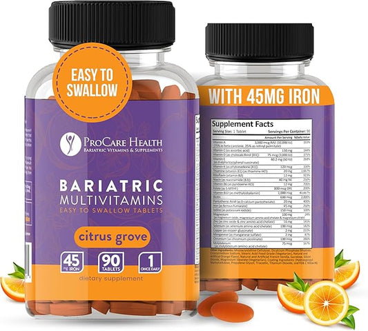 ProCare Health Bariatric Multivitamin with Iron 45mg (90 Easy to Swallow Tablets) - Post Op Bariatric Vitamins for Gastric Bypass Pills for Sleeve Patients, Sustains Recovery & Energy (3 Month Supply)