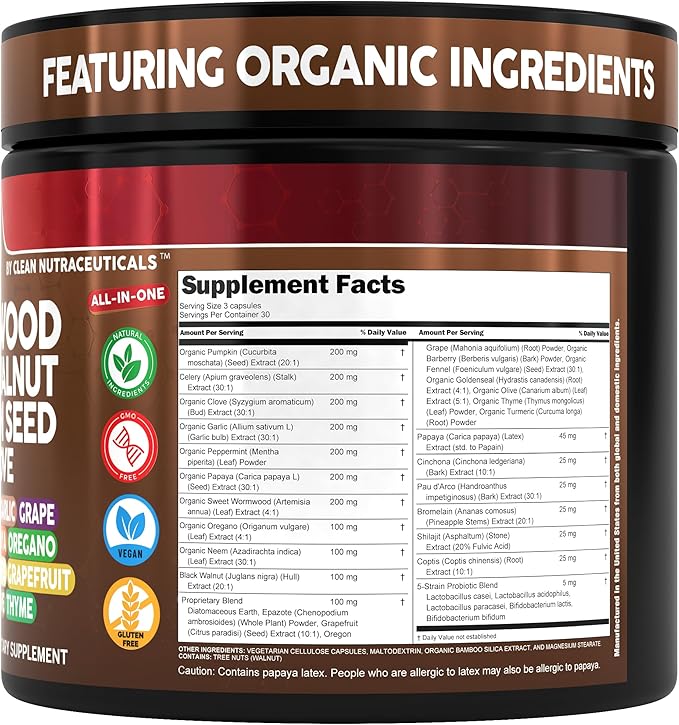 Clean Nutra Wormwood Black Walnut Pumpkin Seed Clove Oil Celery Garlic Grape Papaya Neem Diatomaceous Earth Womens Probiotic Gut Health Cleanse Detox Oregano Olive Turmeric Supplement Vegan Capsules