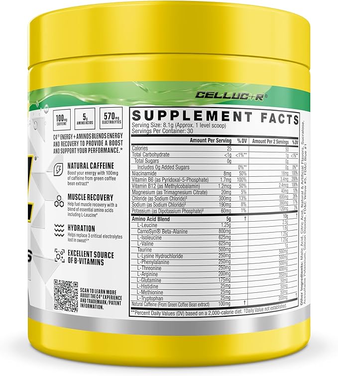 Cellucor C4 Energy + Aminos Powder | Jolly Rancher Green Apple | 5g BCAAs & EAAs for Muscle Recovery, 3 Electrolytes for Hydration, 100mg Natural Caffeine | Pre Workout | Zero Sugar, 30 Servings