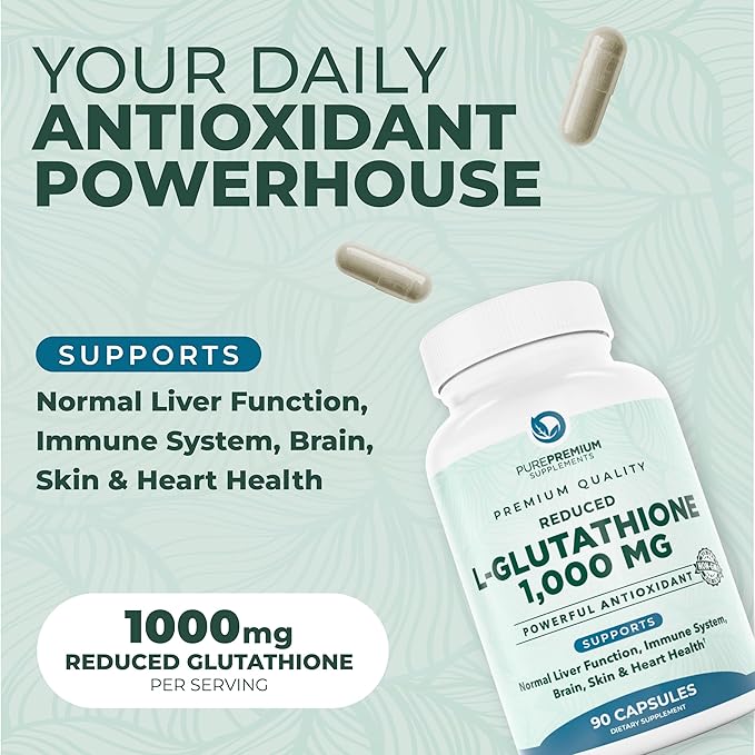 PurePremium Reduced Glutathione 1000mg Per Serving - 500mg Per Capsule – L-Glutathione Supplement & Antioxidant Support for Normal Liver, Brain, Skin & Heart Health – 90 Capsules