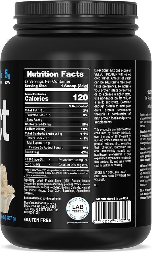 PEScience Select Protein Powder, Whey and Casein Blend, Clean Protein Powder for Women and Men, Low Calorie, Low Carb, Keto Friendly, Gluten Free - Gourmet Vanilla - 27 Servings