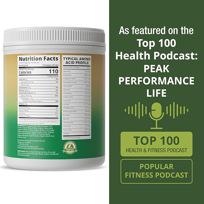 Organic Paleo Grain Free Plant Based Raw Vegan Protein Powder. Amazing Amino Acid Profile and Less Than 1g of Sugar. with Hemp and Pea Protein Vanilla Flavored