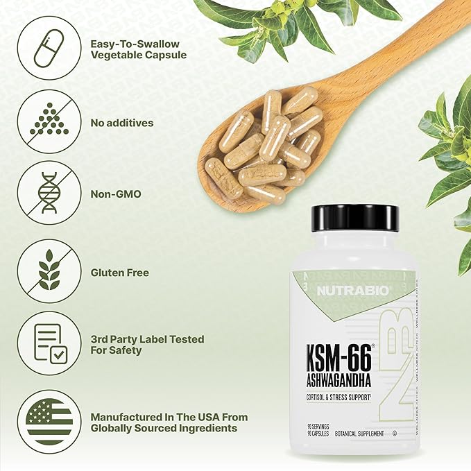 NutraBio Ashwagandha KSM-66 | Ashwaganda Herbal Supplement for Stress, Mood, & Performance | 600 MG of Clinically Studied KSM66 90 Capsules
