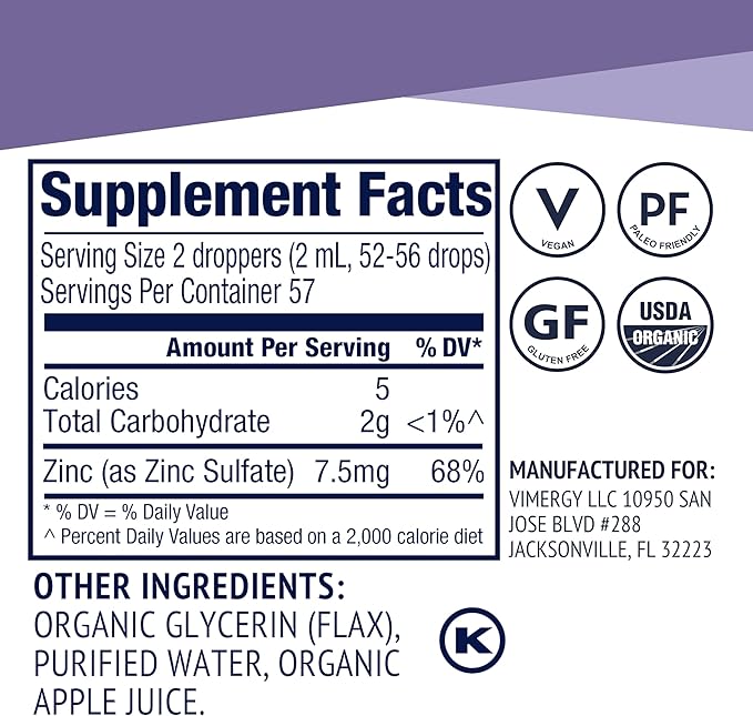 Vimergy Organic Zinc Supplements For Women & Men (7.5mg Liquid Zinc Per Serving) Fast-Absorbing Immune Support, Promotes Healthy Bones & Skin, USDA Certified Organic, Vegan, Up to 57 Servings (115 mL)