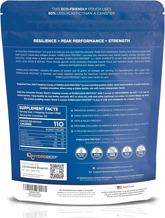 PureClean Protein 25G Organic Grass Fed Beef Bone Broth Protein from Swedish Cattle - Paleo, Keto-Friendly, Gluten-Free, Sugar-Free, Dairy-Free - Enhanced with Collagen Peptides - (40 Servings)