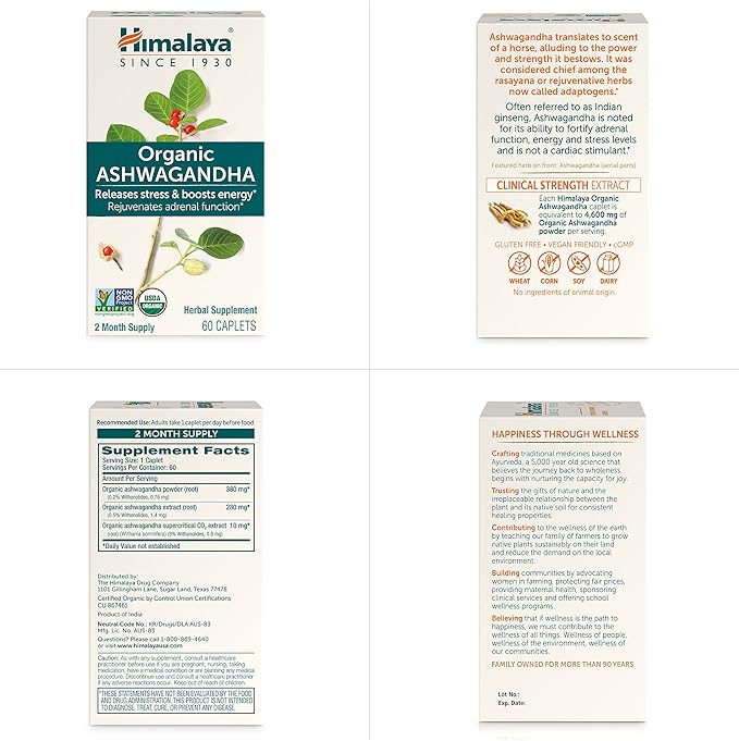 Himalaya Organic Ashwagandha Root, 120 Day Supply - Herbal Adrenal Support Supplements for Stress Relief and Energy Support - USDA Organic, Non-GMO, Vegan, Gluten Free, 670 mg, 120 Caplets
