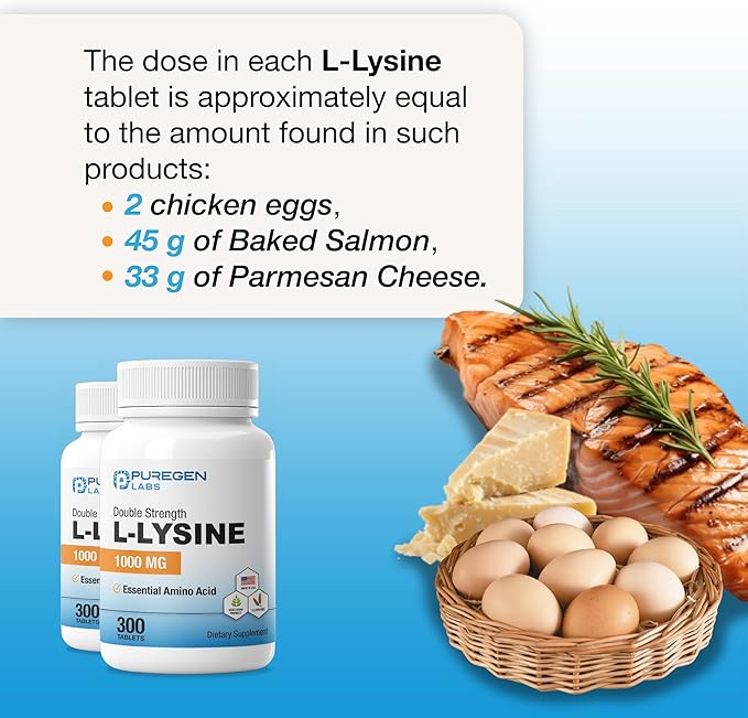 Puregen Labs L-Lysine Extra Strength 1000 MG per Tablet - 300 Servings | High Potency, Immune and Collagen Synthesis Support, Non-GMO, NO Gluten and Dairy - 300 Tablets Made in USA