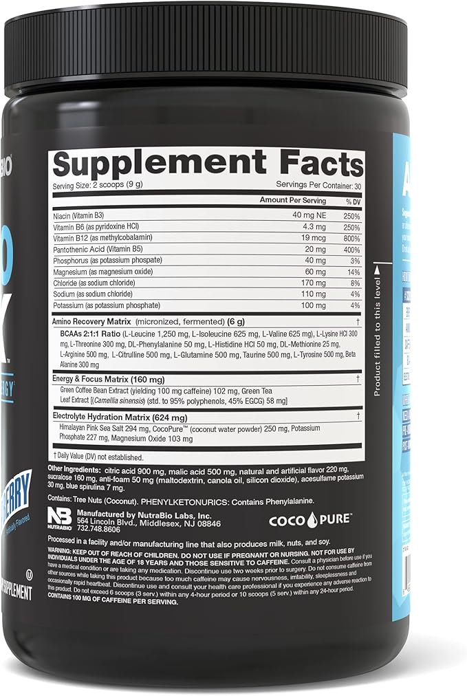 NutraBio Amino Kick – BCAA Powder with Natural Caffeine – Amino Acids Supplement for Energy, Hydration & Recovery – BCAAs, Electrolytes & Amino Acids – Blue Raspberry, 30 Servings