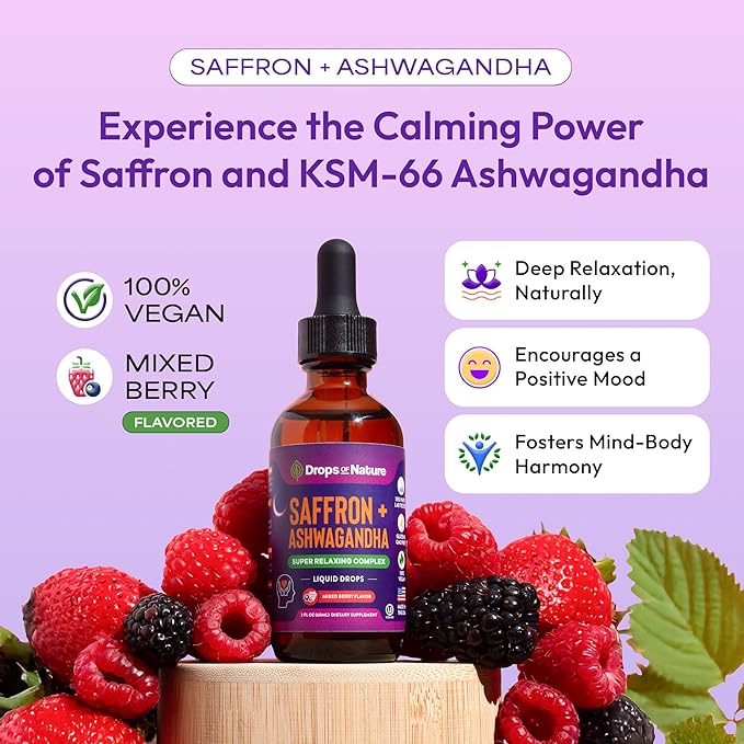 Ashwagandha and Saffron Supplement – Contains KSM 66 and Saffron Extract – Vegan, Gluten-Free, GMO-Free – Daily Herbal Ashwagandha Supplement to Support Focus, Clarity & Relaxation (Mixed Berry, 60ml)