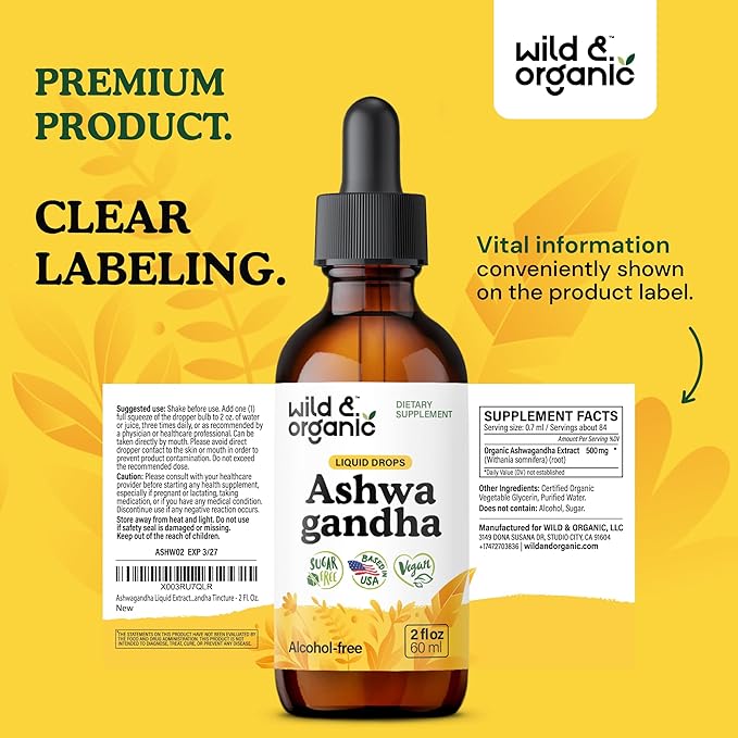 Wild & Organic Ashwagandha Liquid Drops - Calming Ashwagandha Root Extract for Relaxation - 1-Month Supply - Herbal Supplements for Women and Men - Vegan, Sugar & Alcohol-Free Tincture - 2 fl oz