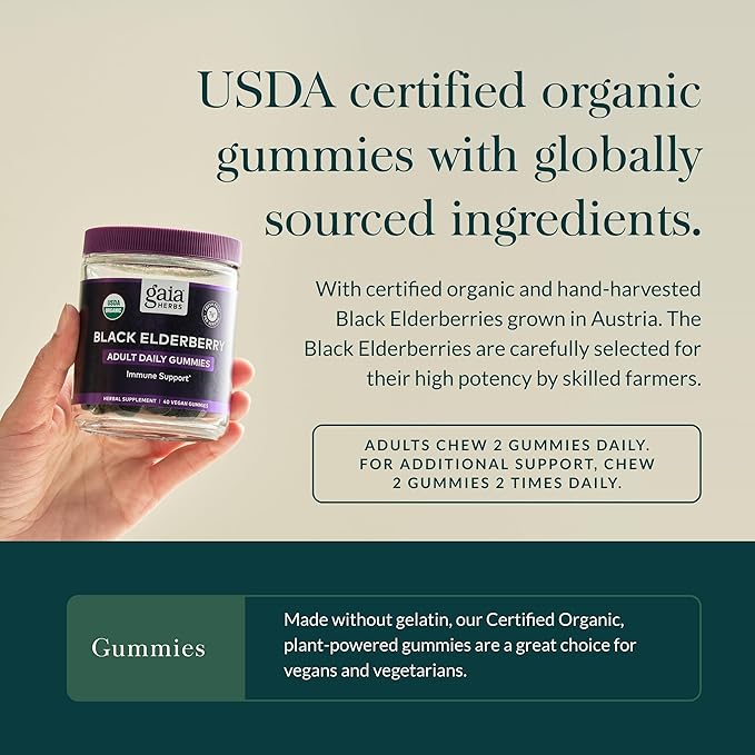 Gaia Herbs Black Elderberry Adult Daily Gummies - Delicious Immune Support Supplement - Made with Certified Organic Black Elderberries for Immune System Support, 40 Gummies (20-Day Supply)