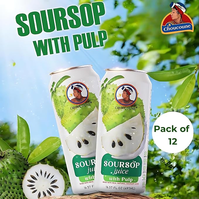 Choucoune Soursop Juice Cane - 100% Real Guanabana Drink with Pulp - No Concentrate, No Artificial Coloring - Sugar-Free, All-Natural Juice for a Healthy Lifestyle - Refreshing 16.57 Fl Oz(Pack of 12)