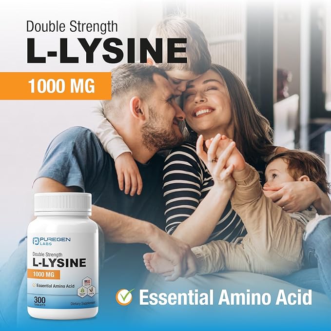Puregen Labs L-Lysine Extra Strength 1000 MG per Tablet - 300 Servings | High Potency, Immune and Collagen Synthesis Support, Non-GMO, NO Gluten and Dairy - 300 Tablets Made in USA