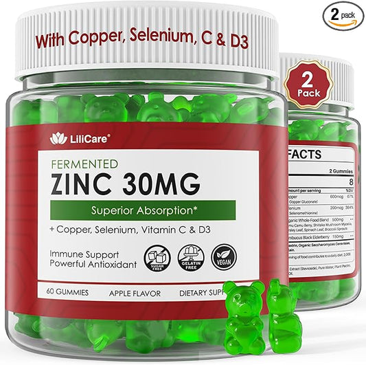 Zinc Gummies + Copper, Selenium, Vitamin C & D3, Fermented Zinc Supplements for Women and Men with Elderberry for Daily Immune Support, Powerful Antioxidant, High Absorption, Vegan, Sugar Free, 2 Pack