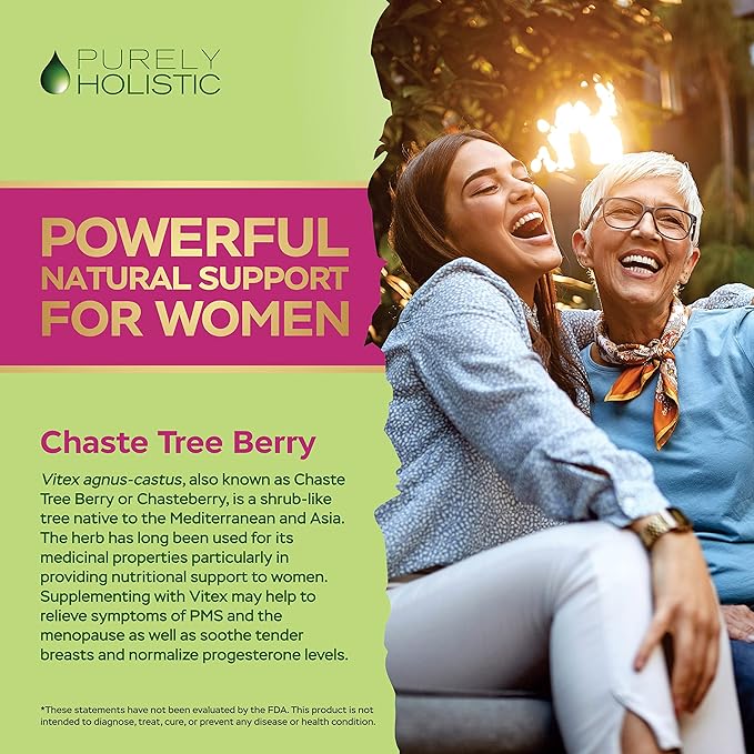 Purely Holistic Chasteberry Vitex Supplement 650mg - 4 Month Supply 120 Vegan Capsules Agnus-Castus Chaste Tree Berry Capsules Supports Normal Hormone Balance for Women