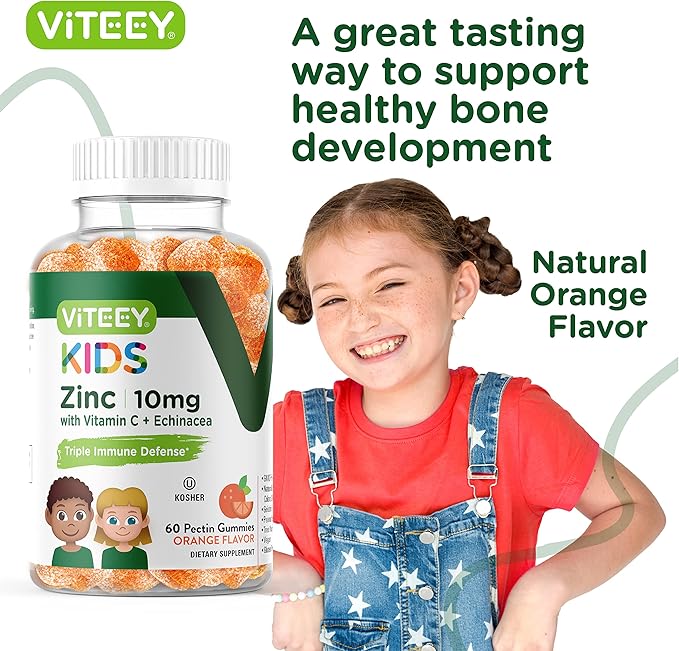 Viteey Zinc for Kids Gummies 10mg, with Vitamin C & Echinacea - Immune Support, Powerful Natural Antioxidant, Kids Zinc Vitamin Supplement - Vegan, Gelatin Free - Tasty Chewable Orange Flavor Gummy
