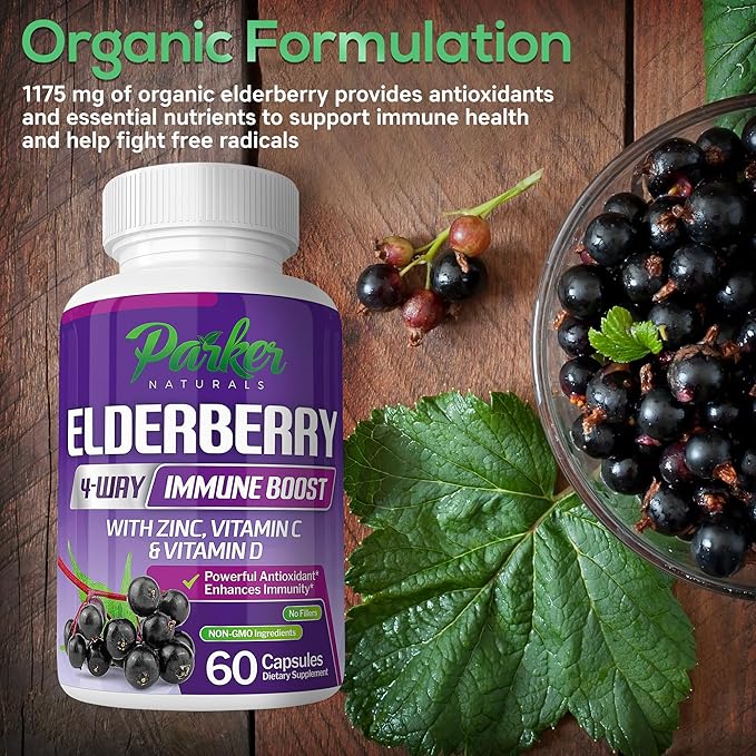 Organic Elderberry Capsules, 4-Way Immune Boost Elderberries, Vitamins C, D & Zinc Support, 1260.1 mg Elderberry Supplements for Adults, 60 Capsules
