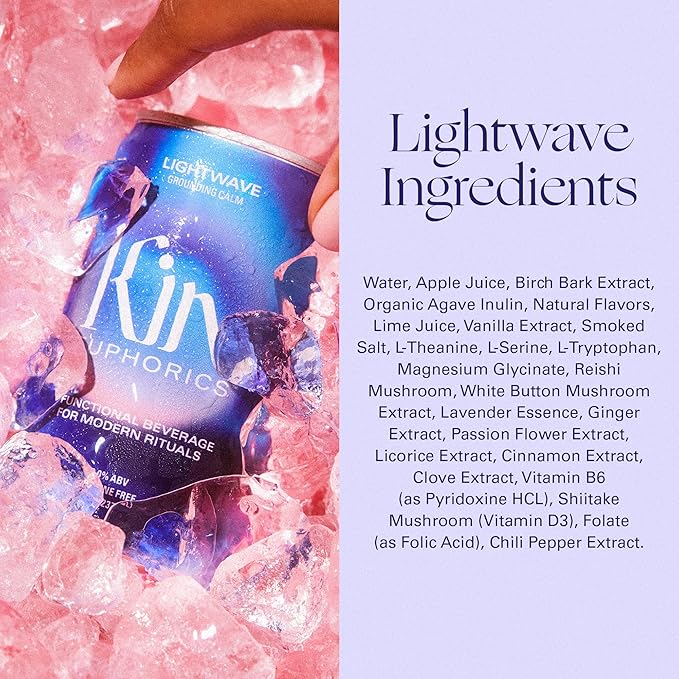 Kin Euphorics Lightwave Non-Alcoholic Functional Beverage | Calm the Mind & Mellow the Mood | Adaptogens, Nootropics, Reishi Mushroom & L-Theanine | 8 Fl Oz (16pk)