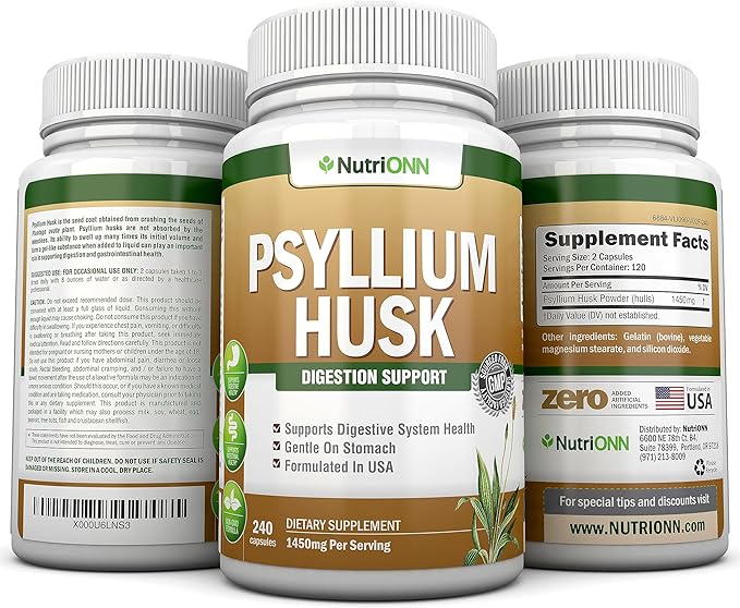 PSYLLIUM Husk Capsules - 1450mg Per Serving - 240 Capsules - Double Strength - Premium Psyllium Fiber Supplement - Great for Digestion and Regularity - 100% Natural Soluble Fiber