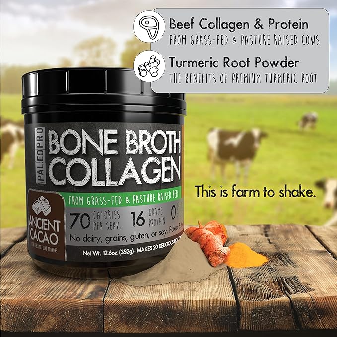 PaleoPro Bone Broth Collagen Protein Powder - Turmeric Root Grass-Fed Collagen Powder for Skin & Bones - Gluten Free, No Sugar, Soy, Grains, Net Carbs - Paleo Keto Friendly 20 Servings Ancient Vanilla