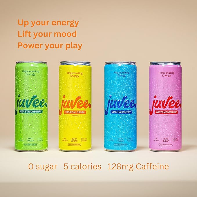 Juvee Rejuvenating Energy Drink. Sugar Free Energy Drinks. Taurine, Vitamin B12, Vitamin B6. 128 Mg Of Caffeine. L-Theanine For Mood Support. Panax Ginseng For Focus. Vitamin C For Immune Support. Gluten Free 12 oz - 12 Pack - Variety Pack