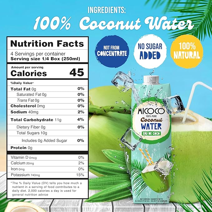 MICOCO Coconut Water, No Added Sugar, (1L) 33.8 Fl Oz (Pack of 12)