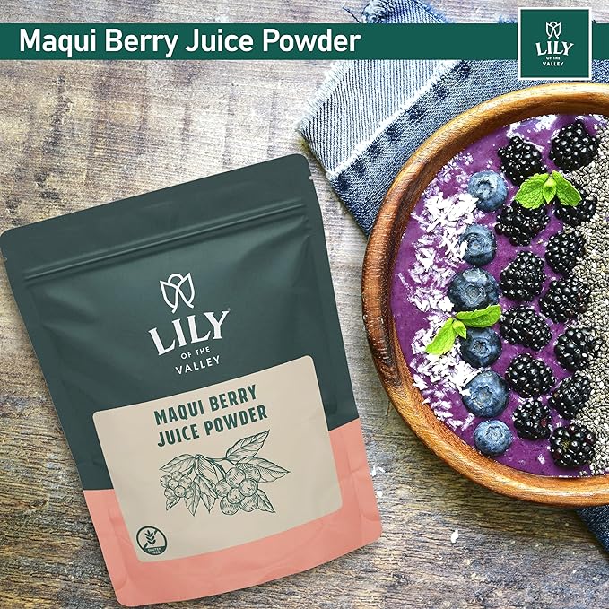 Lily of the Valley Maqui Berry Juice Powder - Antioxidant-Rich Superfood for Smoothies & Desserts - Rich in Iron & Fiber - No Added Sugar - Vegan & Gluten-Free - Packed in Resealable Pouch (8oz, 226g)