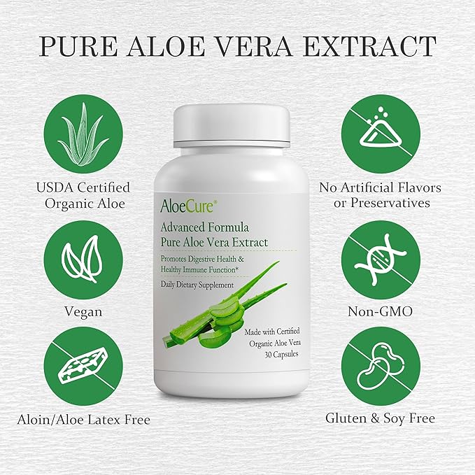 AloeCure Organic Aloe Vera Capsules, 160,000mg Inner Aloe Leaf Equivalent per Serving, Support Gut, Digestive, & Immune Health, Helps Maintain Balanced Stomach Acidity, Aloin Free, 30 Capsules