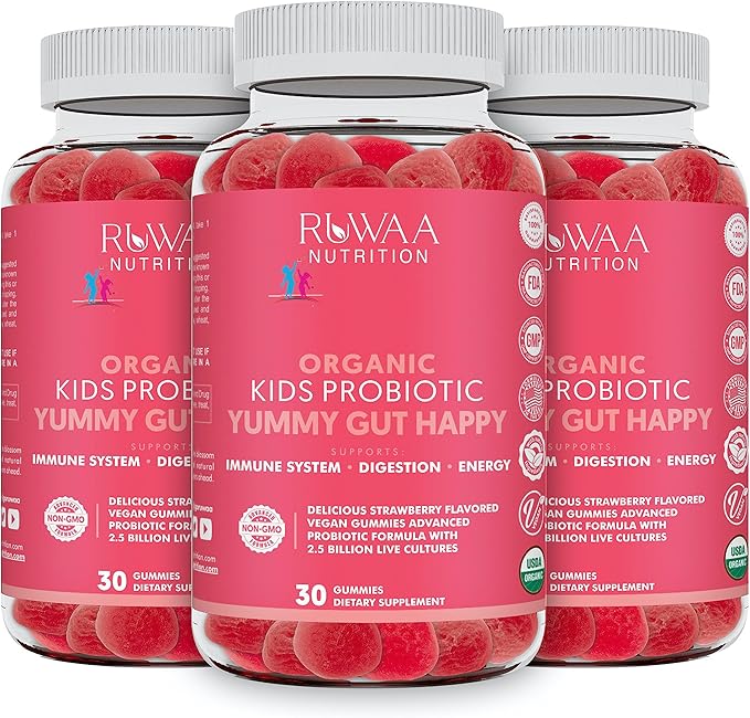 Kid Probiotic Gummies For Digestive Health, Chewable Daily Probiotic For Kids Ages 4+. Oral Care, Abdominal Discomfort, Gut Health. Strawberry Flavor, USDA Organic, Probiotics for Children 90ct (3)