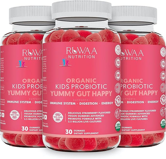 Kid Probiotic Gummies For Digestive Health, Chewable Daily Probiotic For Kids Ages 4+. Oral Care, Abdominal Discomfort, Gut Health. Strawberry Flavor, USDA Organic, Probiotics for Children 90ct (3)